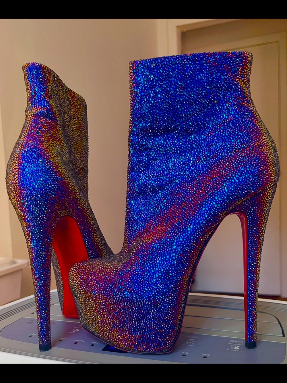 Christian Louboutin Iridescent Blue Crystal Platform Ankle Boots
